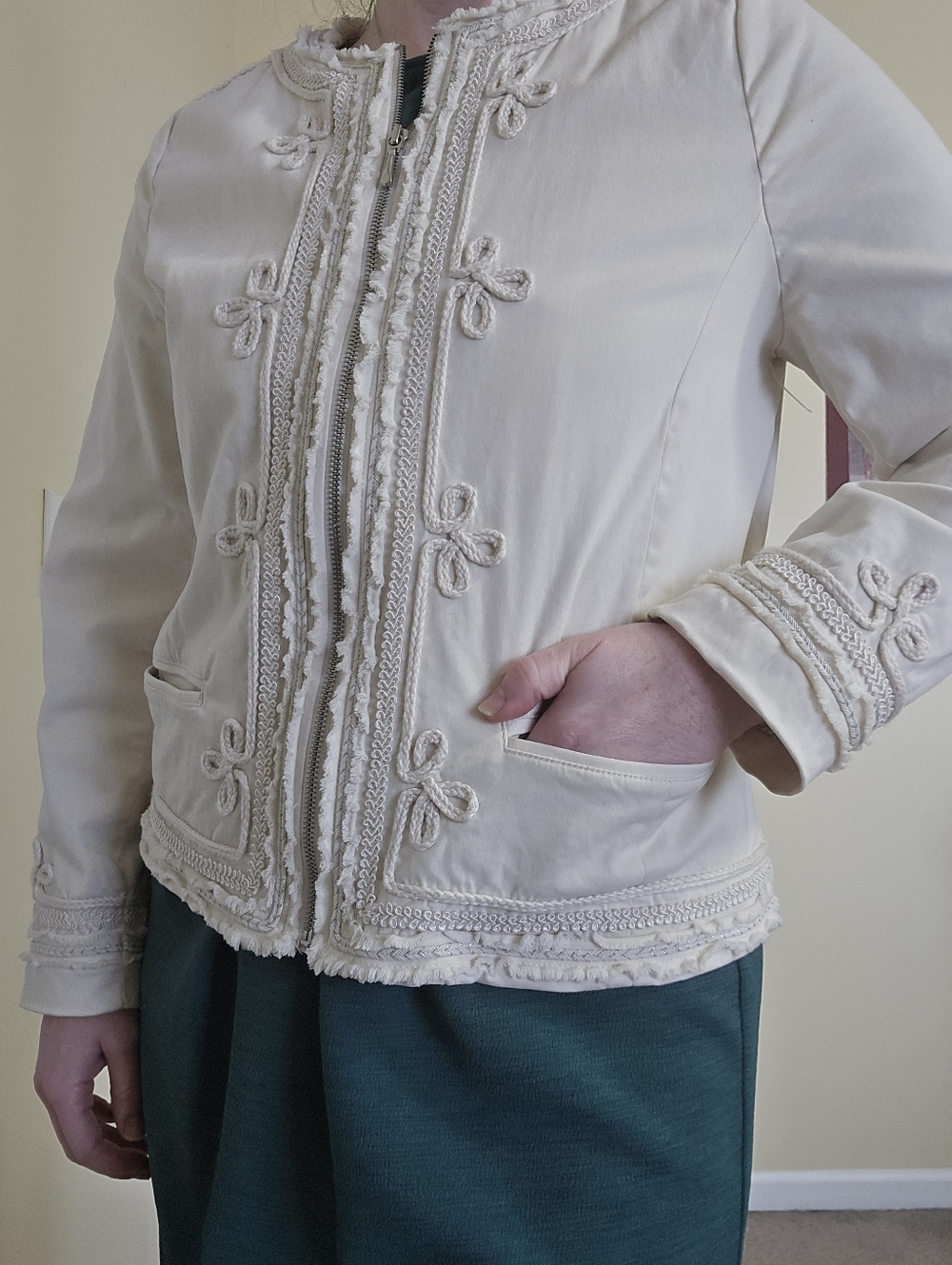 Chico's Cream Cotton Embroidered Zip Jacket Nautical